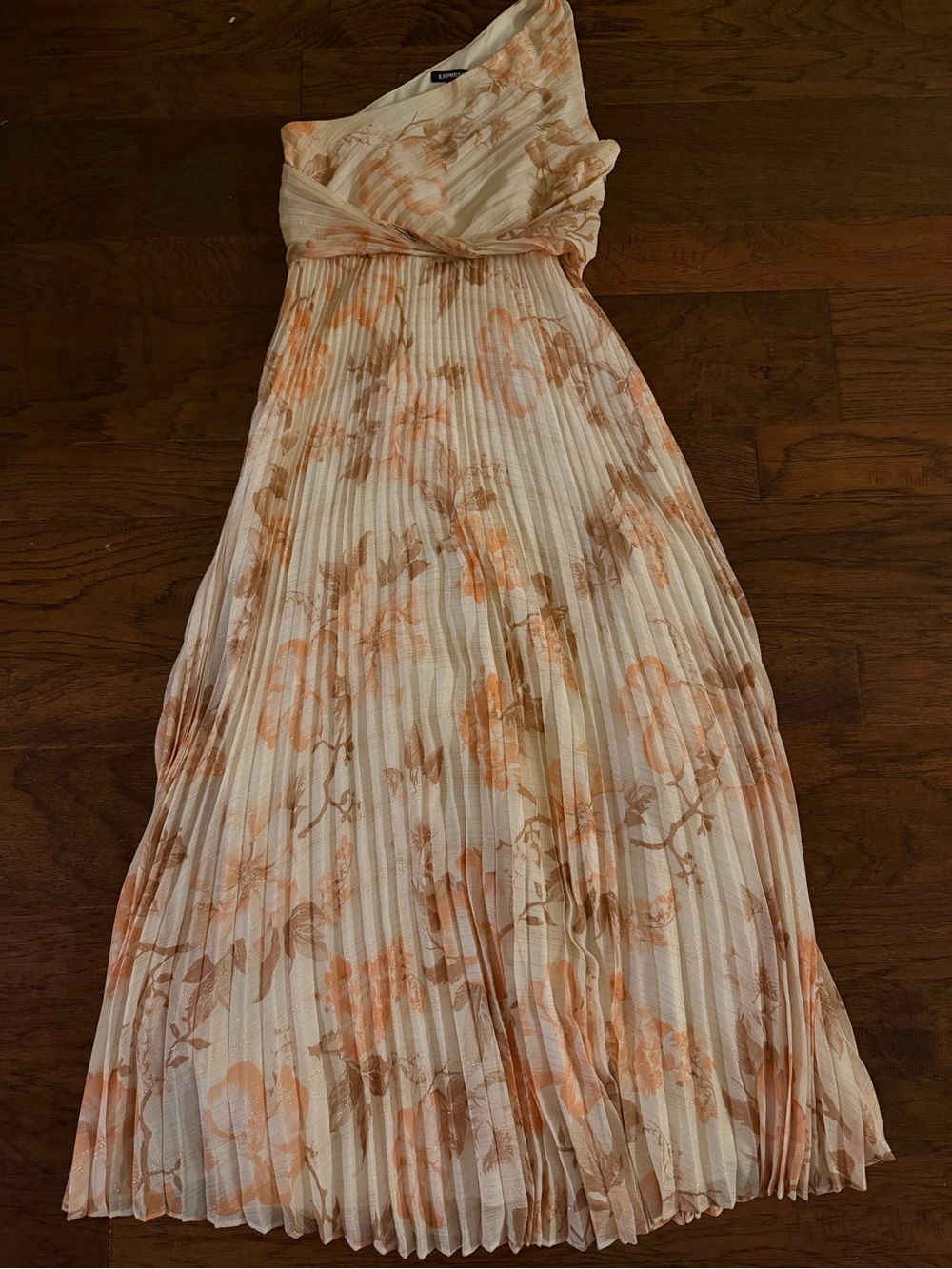 EXPRESS One-Shoulder Pleated Floral Maxi Dress in Peach Cream